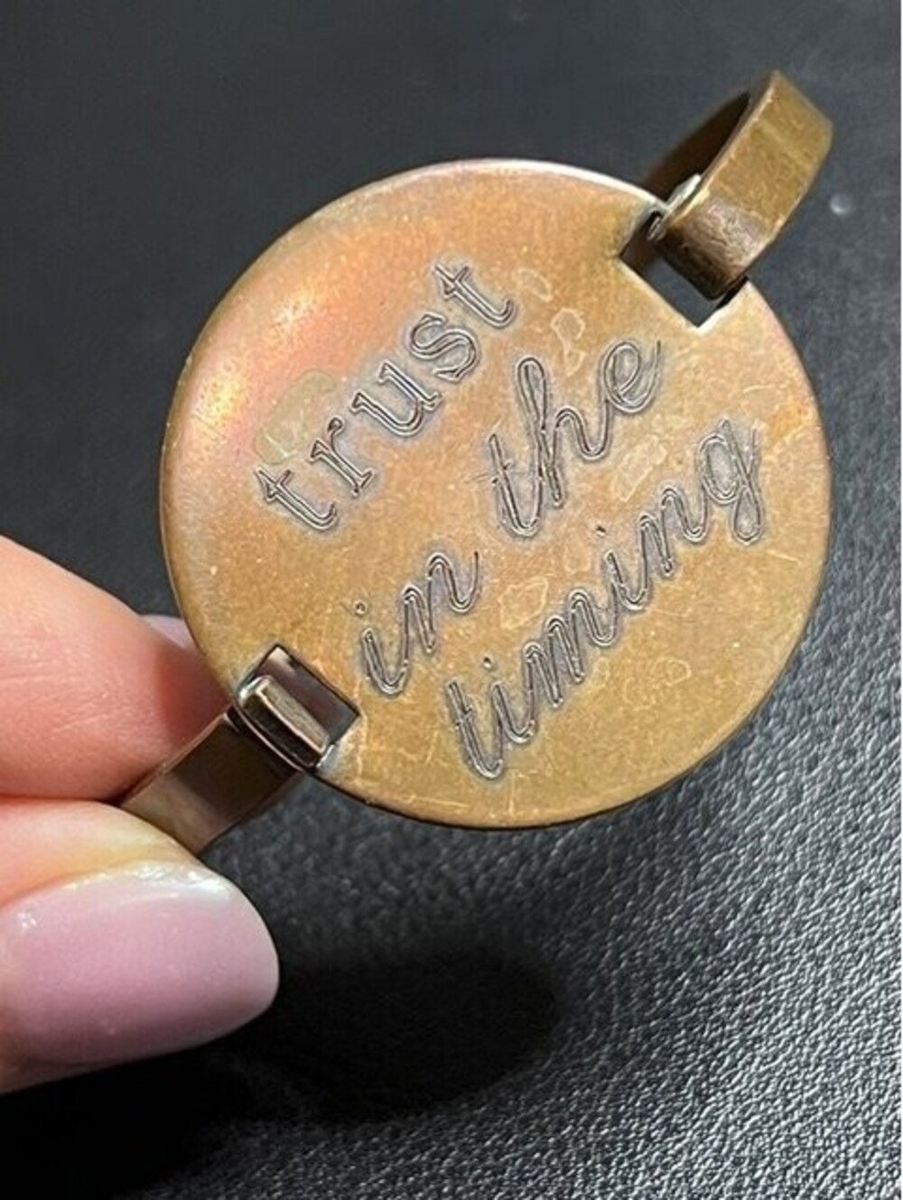 B7443 Vintage Quinn & Copper Bangle Bracelet "trust in the timing"  Copper 6.5"
